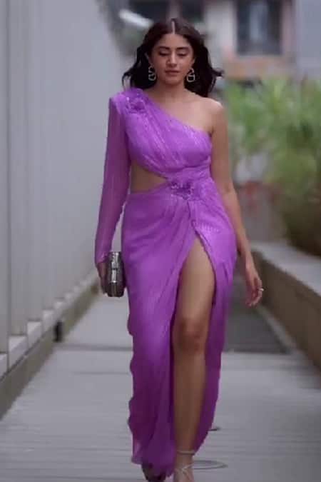 Buy_Nirmooha_Purple Lurex Floral Motifs One Shoulder Hand Embroidered Draped Gown _Online_at_Aza_Fashions