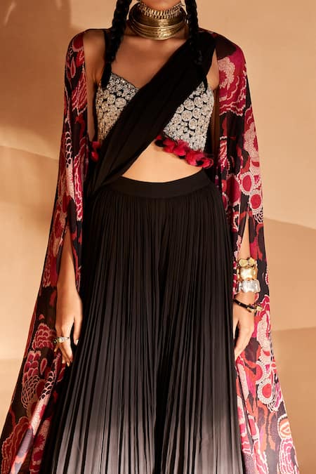 Bhumika Sharma_Black Georgette Pearls, Sequins, Zari, Bahaar Print Cape Palazzo Saree Set _Online_at_Aza_Fashions
