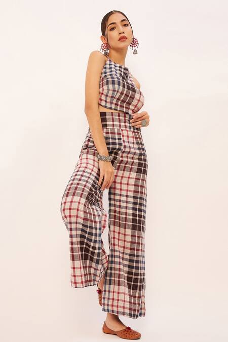 Buy_Zariya The Label_Multi Color Handloom , Halter Checkered Backless Blouse With Pant 