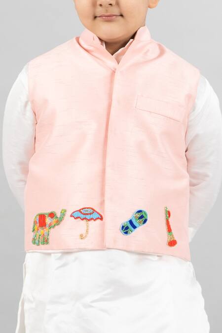 Darleen Kids Couture_Peach Silk, Tussar Embroidery Hand Bundi Kurta Set _Online_at_Aza_Fashions