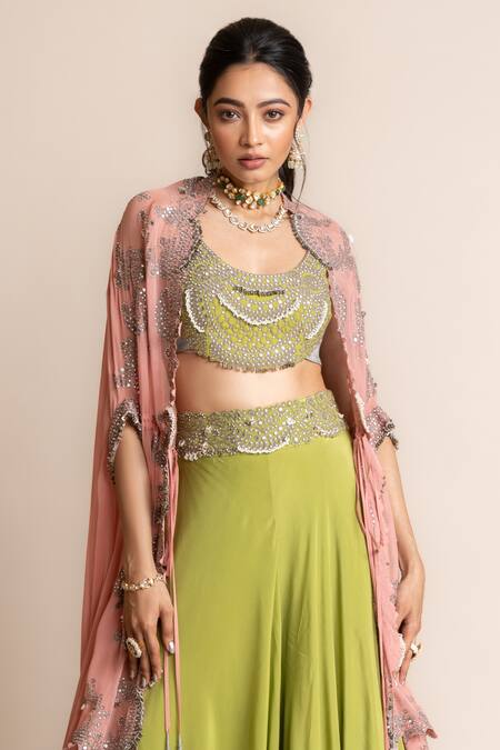 Nupur Kanoi Green Crepe, Satin Waistband Embroidered Circular Pant Set With Contrast Cape Online at Aza Fashions Nupur Kanoi_Green Crepe, Satin Waistband Embroidered Circular Pant Set With Contrast Cape _Online_at_Aza_Fashions