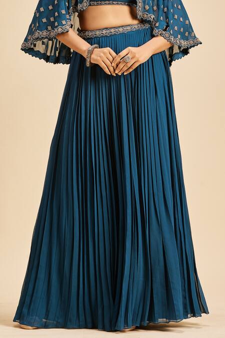 Nitika Gujral Blue Georgette Embroidery Beads And Cutdana Sweetheart Cape Pleated Lehenga Set Online at Aza Fashions Nitika Gujral_Blue Georgette Embroidery Beads And Cutdana Sweetheart Cape Pleated Lehenga Set _Online_at_Aza_Fashions