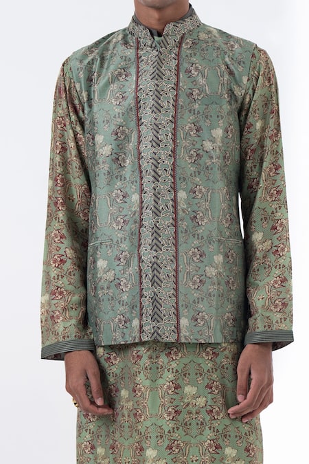 Siddhartha Bansal_Green Silk Embroidery Printed Royal Chintz Bundi _Online_at_Aza_Fashions