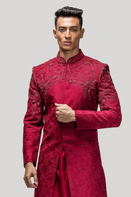 Asuka_Red Chanderi Silk Sequins, Cut Work, Embroidery Sherwani Set _Online_at_Aza_Fashions