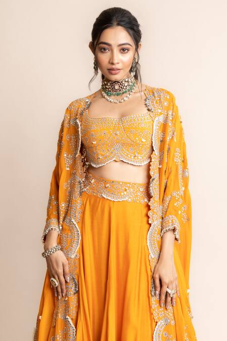Nupur Kanoi Orange Crepe, Satin, Silk Studs, Border Embroidered Triangle Cape And Lehenga Set Online at Aza Fashions Nupur Kanoi_Orange Crepe, Satin, Silk Studs, Border Embroidered Triangle Cape And Lehenga Set _Online_at_Aza_Fashions
