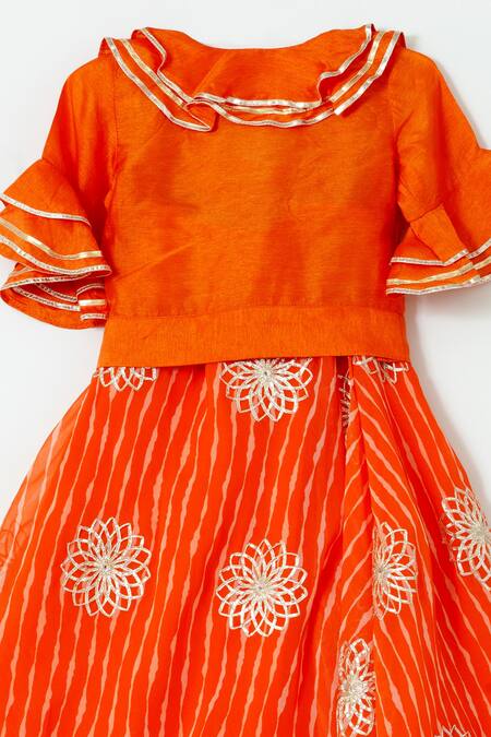 Shruti Jalan_Orange Cotton, Georgette, Crepe Leheriya Pattern Lehenga And Ruffled Shirt Set _Online_at_Aza_Fashions