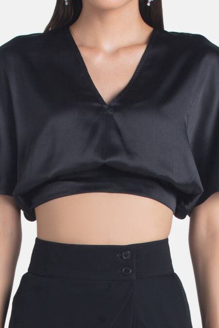 431-88 By Shweta Kapur_Black Silk Satin V-neck Ella Balloon Top_Online_at_Aza_Fashions