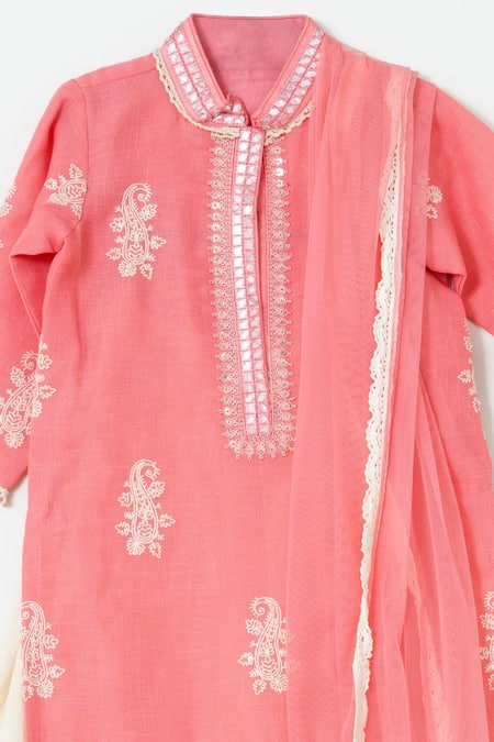 Shruti Jalan_Pink Net, Crepe Embroidery, Lace Paisley Kurta Palazzo Set _Online_at_Aza_Fashions