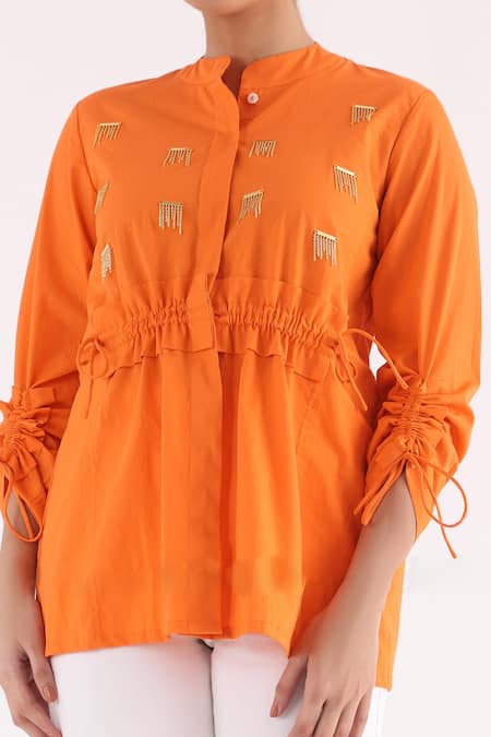 Studio Moda India_Orange Cotton Chains Mandarin Collar Drawstring Detailed Shirt _Online_at_Aza_Fashions