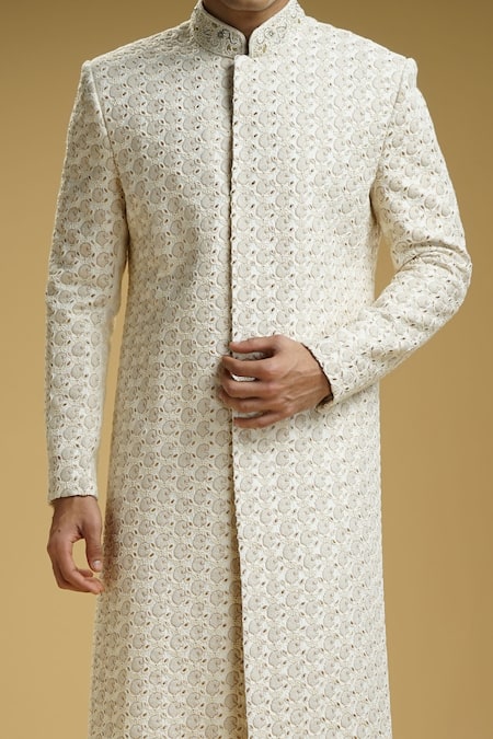 Kommal Sood_Off White Dupion Silk Embroidered Paisley Motifs Sherwani Set  _Online_at_Aza_Fashions