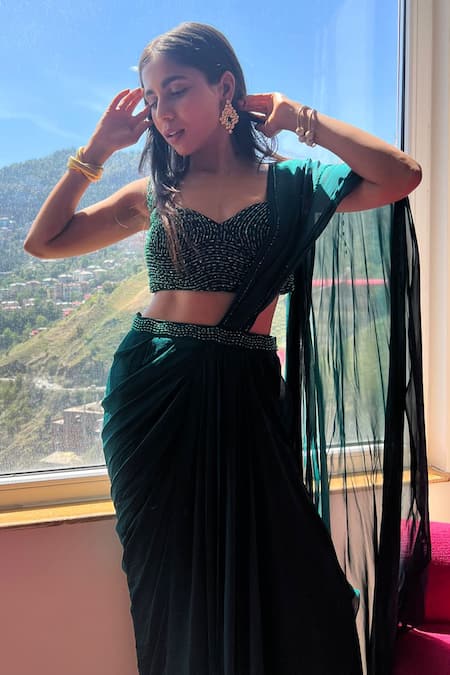 Shop_Jade By Ashima_Green Georgette, Crepe Cut Work Celia Pre-draped Saree With Embroidered Blouse 