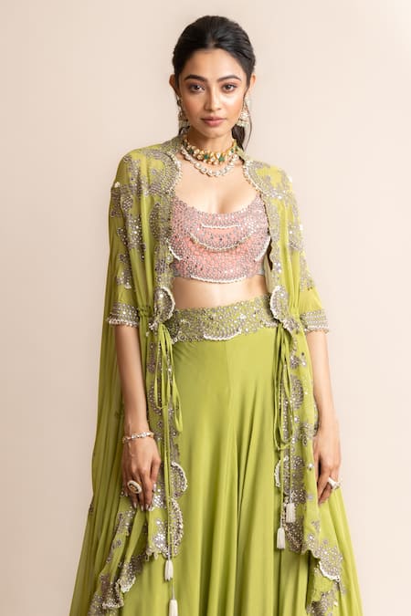 Nupur Kanoi Green Crepe, Satin, Lycra Mirrors, Studs Round Work Cape And Circular Pant Set Online at Aza Fashions Nupur Kanoi_Green Crepe, Satin, Lycra Mirrors, Studs Round Work Cape And Circular Pant Set _Online_at_Aza_Fashions
