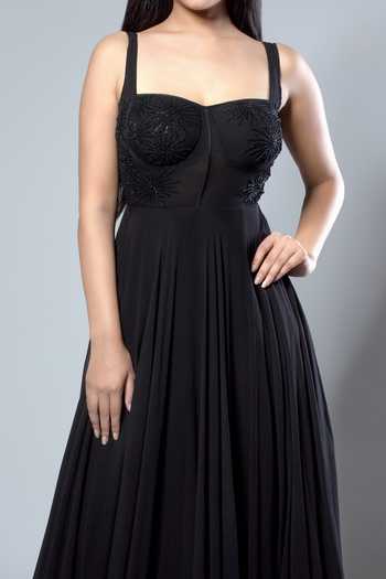 Julie By Julie Shah_Black Georgette Beads Sweetheart Neck Embroidered Corset Gown_Online_at_Aza_Fashions