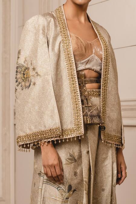 Tarun Tahiliani_Gold Silk Velvet Floral Pattern Blouse V Print Jacket And Wide Leg Trouser Set_Online_at_Aza_Fashions