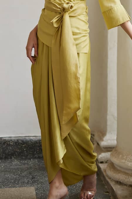 Betrue_Green Modal, Silk Plain Draped Skirt _Online_at_Aza_Fashions
