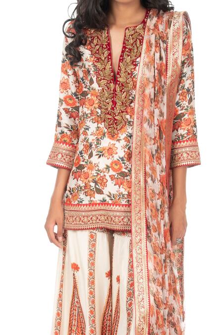 Monisha Jaising_Ivory Raw Silk Printed Floral Pattern Notched Sharara Set_Online_at_Aza_Fashions