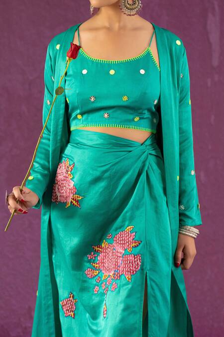Kacha Tanka Green Cotton Satin Applique Floral Square Mirror Embellished Jacket Skirt Set Online at Aza Fashions Kacha Tanka_Green Cotton Satin Applique Floral Square Mirror Embellished Jacket Skirt Set _Online_at_Aza_Fashions