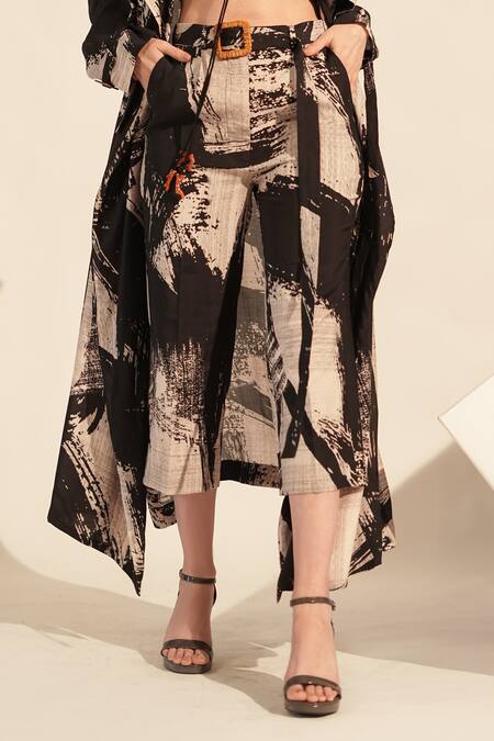 Nikita Mhaisalkar_Black Silk Brush Stroke Print Pant _Online_at_Aza_Fashions