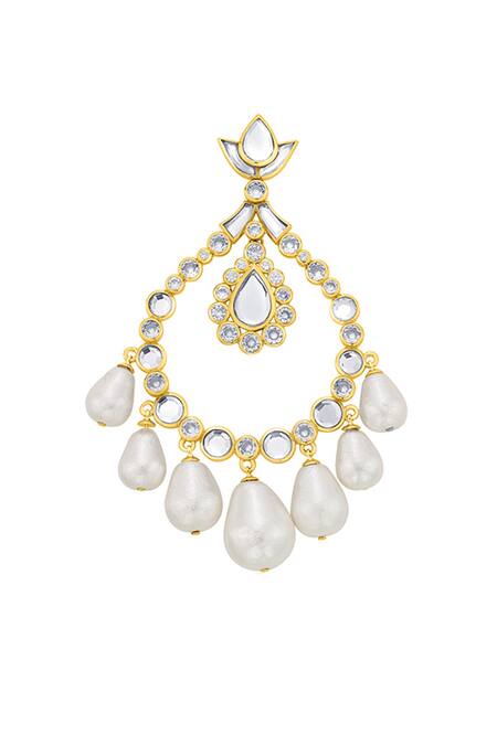 Isharya_White Japanese Cotton Ball Pearl Elongated Crystal Studded Jhoomer Earrings_Online_at_Aza_Fashions
