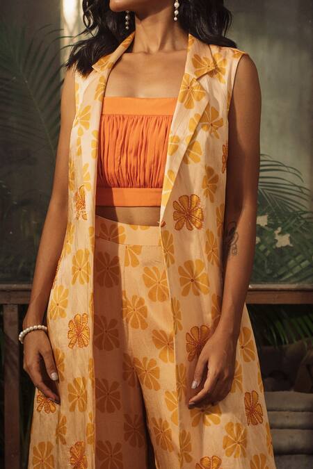 Suave_Orange Denim, Chiffon Beads, Embroidery Collared, Bloom Trench Jacket Pant Set _Online_at_Aza_Fashions
