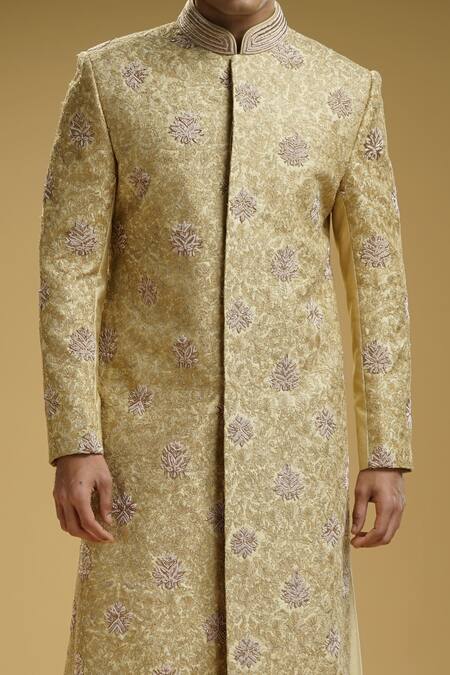 Kommal Sood Beige Cotton, Silk Cut Work, Cutdana Embellished And Floral Sherwani Set Online at Aza Fashions Kommal Sood_Beige Cotton, Silk Cut Work, Cutdana Embellished And Floral Sherwani Set _Online_at_Aza_Fashions