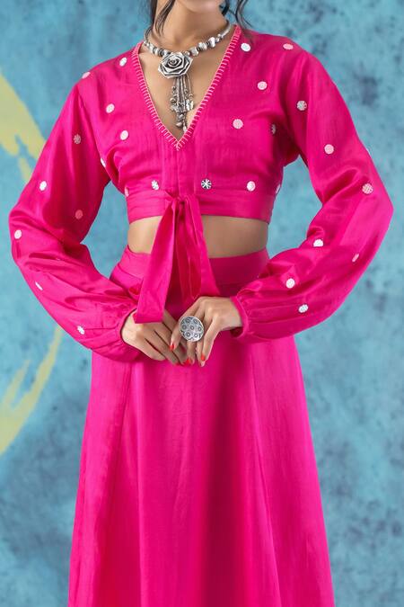 Kacha Tanka Pink Cotton Satin Applique Floral V Neck Mirror Embellished Blouse And Skirt Set Online at Aza Fashions Kacha Tanka_Pink Cotton Satin Applique Floral V Neck Mirror Embellished Blouse And Skirt Set _Online_at_Aza_Fashions