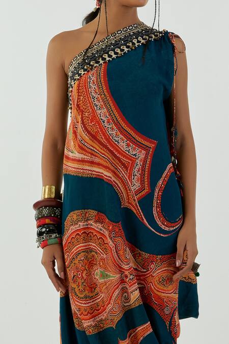 Shop_Aseem Kapoor_Blue Natural Crepe Bead Asymmetric Rasa Ambi Print One Shoulder Dress_Online_at_Aza_Fashions
