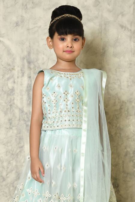 Petite Pomme_Green Net Sequins Geometric Cluster Embroidered Lehenga Set_Online_at_Aza_Fashions