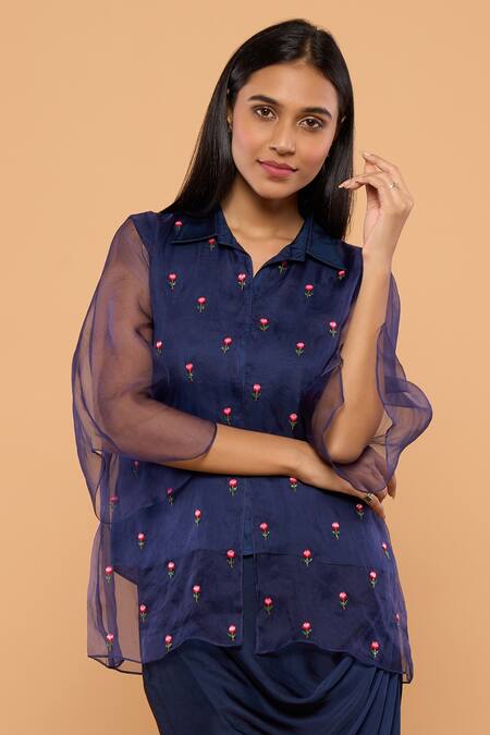 Mayu Kothari_Blue Organza, Modal, Silk, Satin Cut Rose Embroidered Shirt And Wrap Skirt Set_Online_at_Aza_Fashions