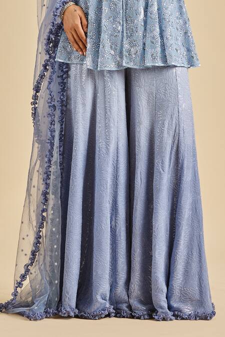 Nitika Gujral Blue Sharara Georgette And Peplum Top & Dupatta Net Embroidery & Bead Set Online at Aza Fashions Nitika Gujral_Blue Sharara Georgette And Peplum Top & Dupatta Net Embroidery & Bead Set _Online_at_Aza_Fashions