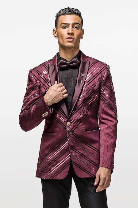 Asuka_Wine Woven Jacquard Embroidery Metallic Stripe Pattern Blazer And Trouser Set _Online_at_Aza_Fashions