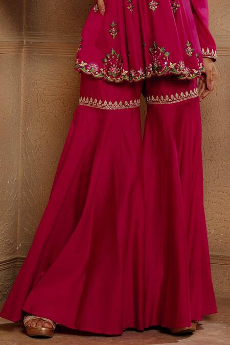 Omana By Ranjana Bothra Pink Chanderi Embroidery Round Neck Heer Peplum Top And Gharara Set Online at Aza Fashions Omana By Ranjana Bothra_Pink Chanderi Embroidery Round Neck Heer Peplum Top And Gharara Set _Online_at_Aza_Fashions