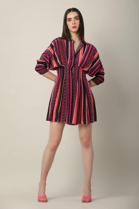 Limerick By Abirr N' Nanki Multi Color Crepe Mandarin Collar Laurel Stripe Print Dress at Aza Fashions Limerick By Abirr N' Nanki_Multi Color Crepe Mandarin Collar Laurel Stripe Print Dress _at_Aza_Fashions