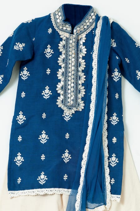 Shruti Jalan_Blue Net, Crepe, Satin Embroidery Kurta Palazzo Set _Online_at_Aza_Fashions