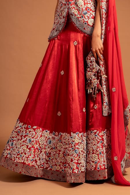 Sejal Kamdar Red Silk, Satin Placement Floral Embellished Lehenga And Koti Jacket Set Online at Aza Fashions Sejal Kamdar_Red Silk, Satin Placement Floral Embellished Lehenga And Koti Jacket Set _Online_at_Aza_Fashions