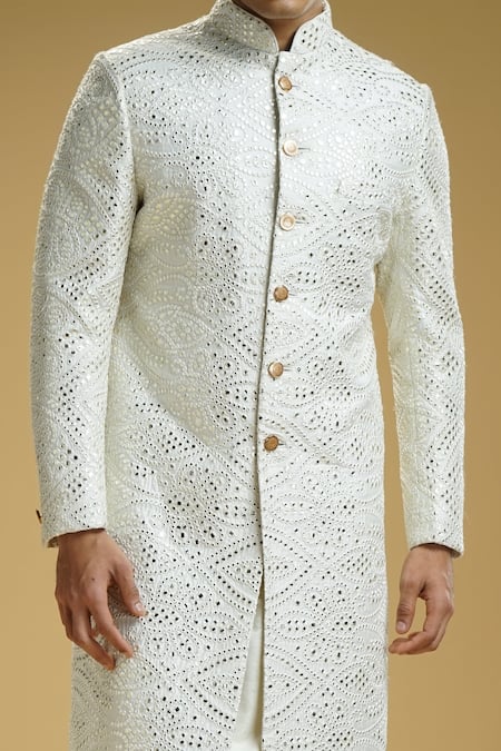 Buy Kommal Sood Off White Cotton, Silk Embroidery Gota Sherwani Set Online at Aza Fashions Buy_Kommal Sood_Off White Cotton, Silk Embroidery Gota Sherwani Set _Online_at_Aza_Fashions