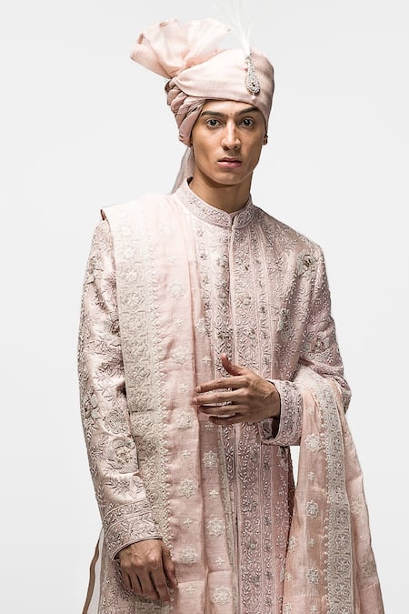 Asuka_Pink Silk Diamonds, Embroidery, Cut Work Dori Raw Sherwani Set _Online_at_Aza_Fashions