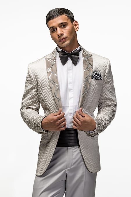 Asuka Grey Woven Jacquard Metallic Stripes Chevron Pattern Blazer Set Online at Aza Fashions Asuka_Grey Woven Jacquard Metallic Stripes Chevron Pattern Blazer Set _Online_at_Aza_Fashions