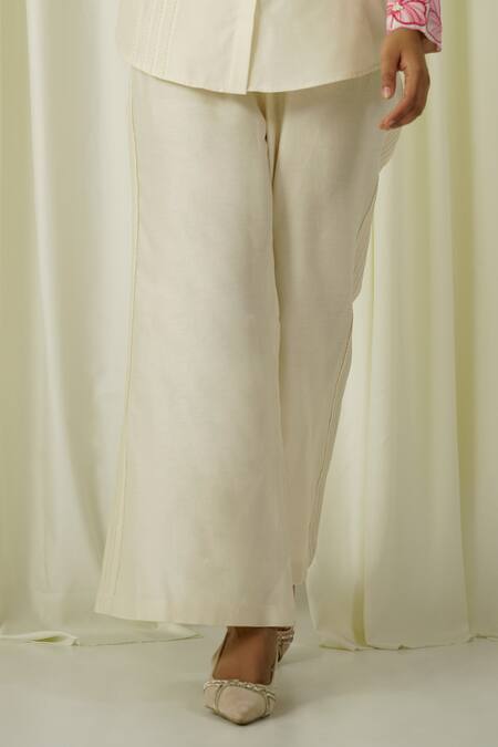 Sakshi Khetterpal Ivory Chanderi Pearls, Beads, Embroidery Collared Lace Work Pant Set Online at Aza Fashions Sakshi Khetterpal_Ivory Chanderi Pearls, Beads, Embroidery Collared Lace Work Pant Set _Online_at_Aza_Fashions