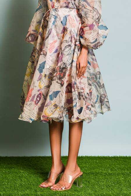 Buy The Dramebaaz CO Ivory Organza, Muslin Round Neck Japanese Macaques Print Top With Skirt Online at Aza Fashions Buy_The Dramebaaz CO_Ivory Organza, Muslin Round Neck Japanese Macaques Print Top With Skirt _Online_at_Aza_Fashions