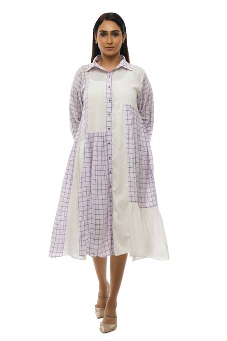 Buy_Khat_White , Handloom Collared, Checkered Pattern Handwoven Shirt Dress _Online_at_Aza_Fashions