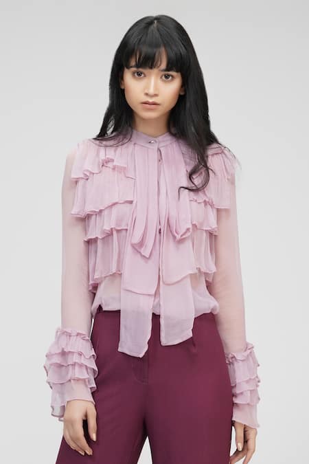Buy Shruti S Pink Chiffon Sequins Bandeau Neck Layered Ruffle Sheer Shirt Online at Aza Fashions Buy_Shruti S_Pink Chiffon Sequins Bandeau Neck Layered Ruffle Sheer Shirt _Online_at_Aza_Fashions