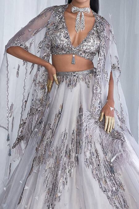 Buy Dolly J Silver Organza Sequins, Cut Work, Elaheh Bridal Embellished Lehenga And Cape Set Online at Aza Fashions Buy_Dolly J_Silver Organza Sequins, Cut Work, Elaheh Bridal Embellished Lehenga And Cape Set _Online_at_Aza_Fashions