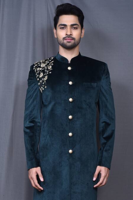 Arihant Rai Sinha_Green Velvet, Silk Embroidery Asymmetric Sherwani And Pant Set _Online_at_Aza_Fashions