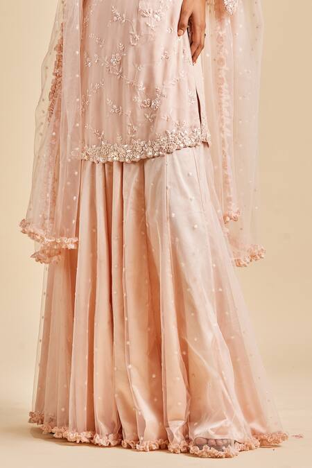 Nitika Gujral Pink Kurta Viscose Georgette Shirt And Sharara & Dupatta Floral Pattern Set Online at Aza Fashions Nitika Gujral_Pink Kurta Viscose Georgette Shirt And Sharara & Dupatta Floral Pattern Set _Online_at_Aza_Fashions