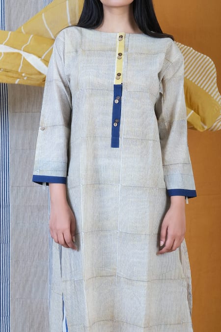 Banana Labs Yellow Cotton Round Neck Flabber Striped Kurta Pant Set Online at Aza Fashions Banana Labs_Yellow Cotton Round Neck Flabber Striped Kurta Pant Set _Online_at_Aza_Fashions