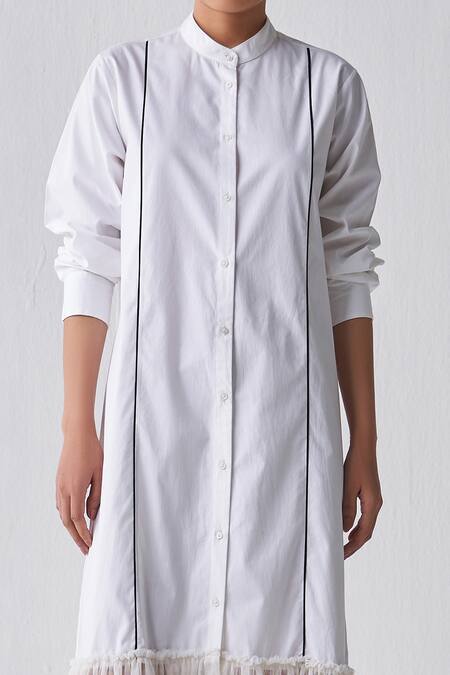 Three White Poplin, Net Bandeau Neck Gathered Hem Shirt Dress Online at Aza Fashions Three_White Poplin, Net Bandeau Neck Gathered Hem Shirt Dress _Online_at_Aza_Fashions