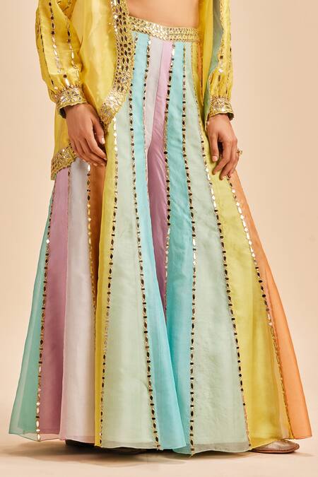 Nitika Gujral Yellow Organza Embroidery Mirror Blouse V Work Sheer And Panelled Sharara Set Online at Aza Fashions Nitika Gujral_Yellow Organza Embroidery Mirror Blouse V Work Sheer And Panelled Sharara Set _Online_at_Aza_Fashions