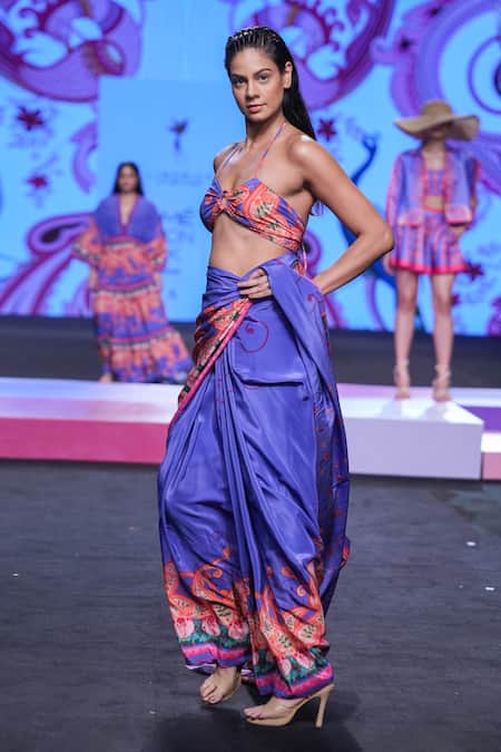 Limerick By Abirr N' Nanki_Multi Color Crepe Tassels Sweetheart Neck Dion Printed Draped Blouse _at_Aza_Fashions