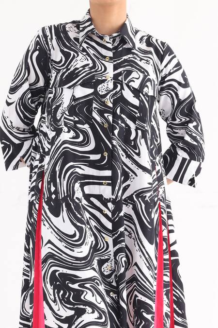 Studio Moda India_Black Cotton Embroidery Shawl Neck The Drift Marble Print A-line Dress_Online_at_Aza_Fashions